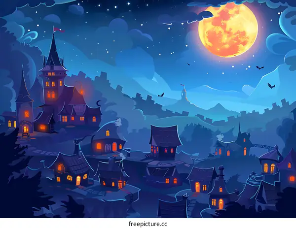 Night Sky Cartoon Illustration With A Full Moon Over A Village And Castle