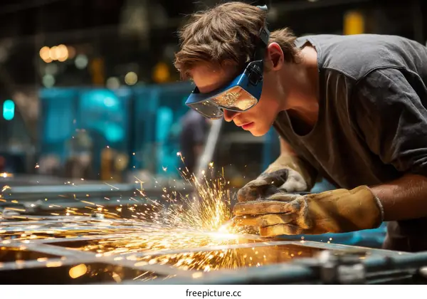 Industrial Worker Welding Metal in Factory