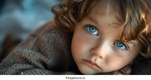 Portrait of a beautiful child with curly blond hair and blue eyes