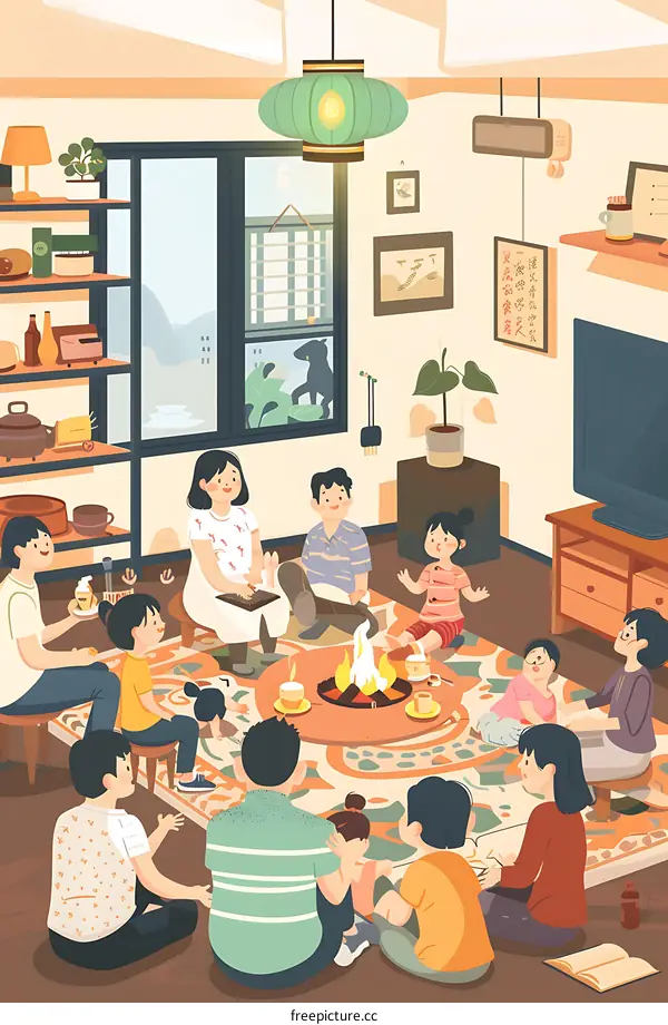 Family Gathering Around A Fireplace In A Cozy Home