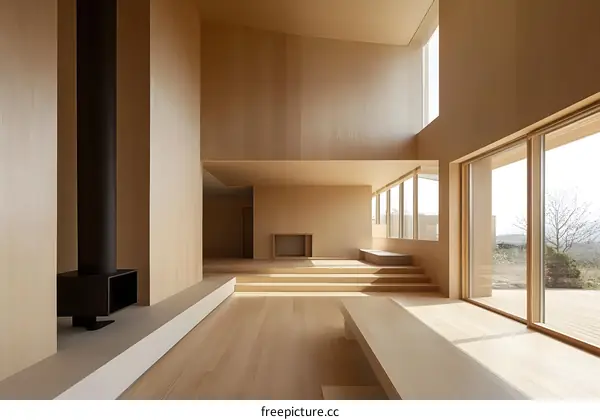 Modern Minimalist Wooden House Interior Design With Large Windows and a Fireplace