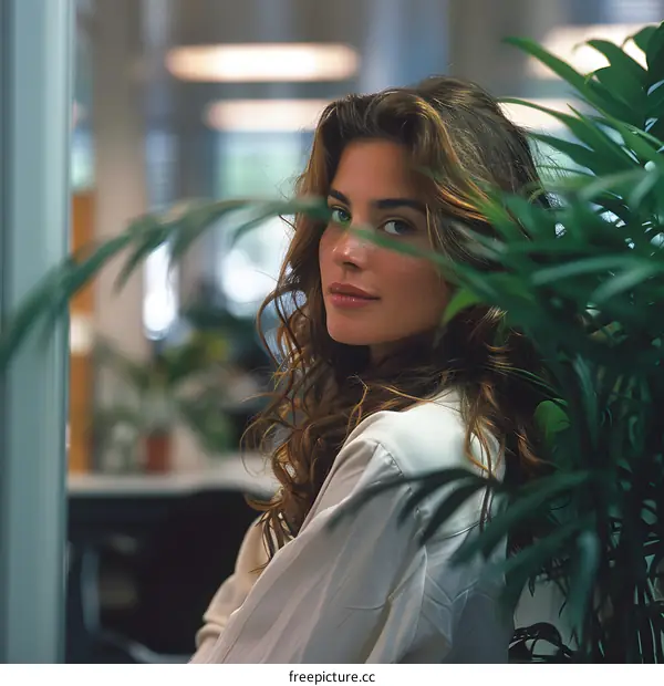 Portrait of a young woman with freckles and green eyes, wearing a white shirt, standing in front of a plant