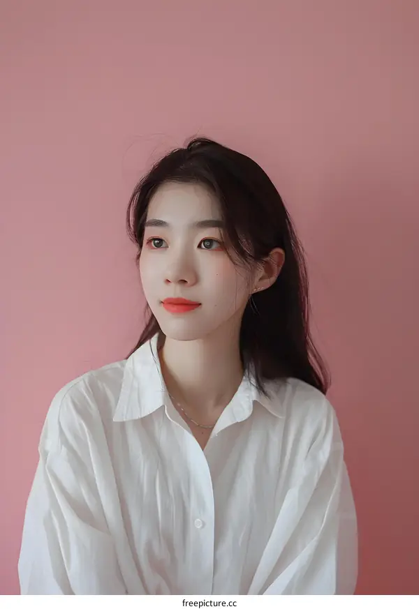 Portrait of a Young Asian Woman Wearing a White Shirt Against a Pink Background