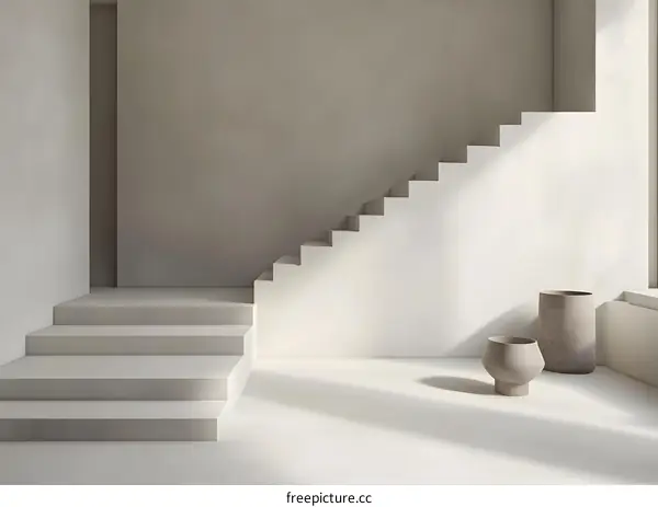 Minimalist White Staircase Interior Design With Concrete Pots