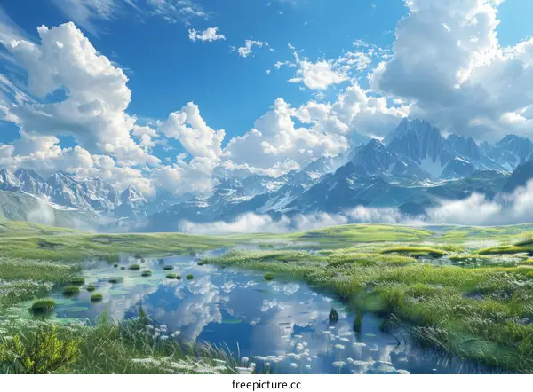 mountain lake landscape with white clouds and green grass field