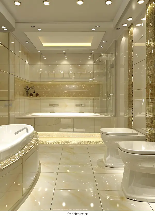 Luxury bathroom with golden and white marble tiles