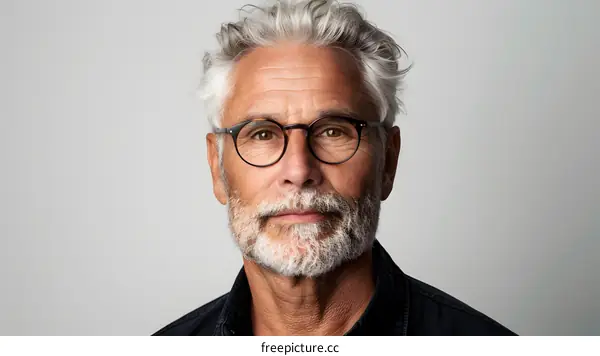 Portrait of a Senior Man With Grey Hair and Beard Wearing Glasses
