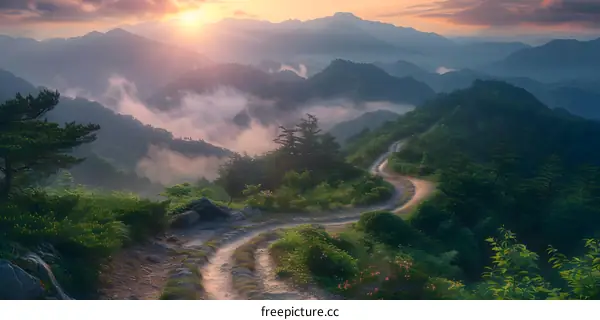 Winding path through a mountain valley at sunset