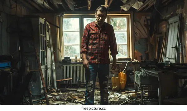 A man standing in a ruined room