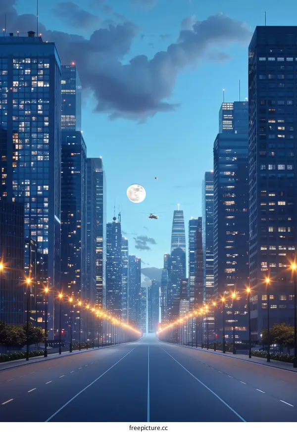 Futuristic night cityscape with skyscrapers and moon