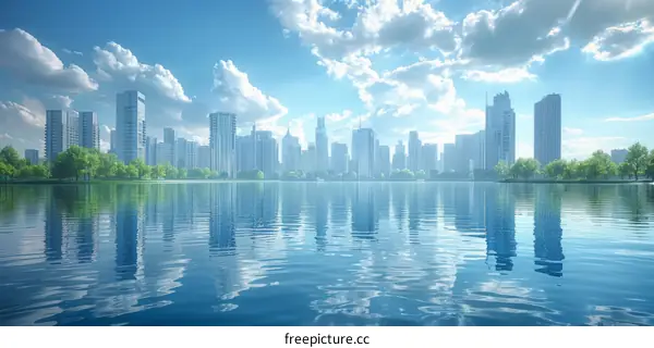 Modern City Skyline Reflecting on Calm Water