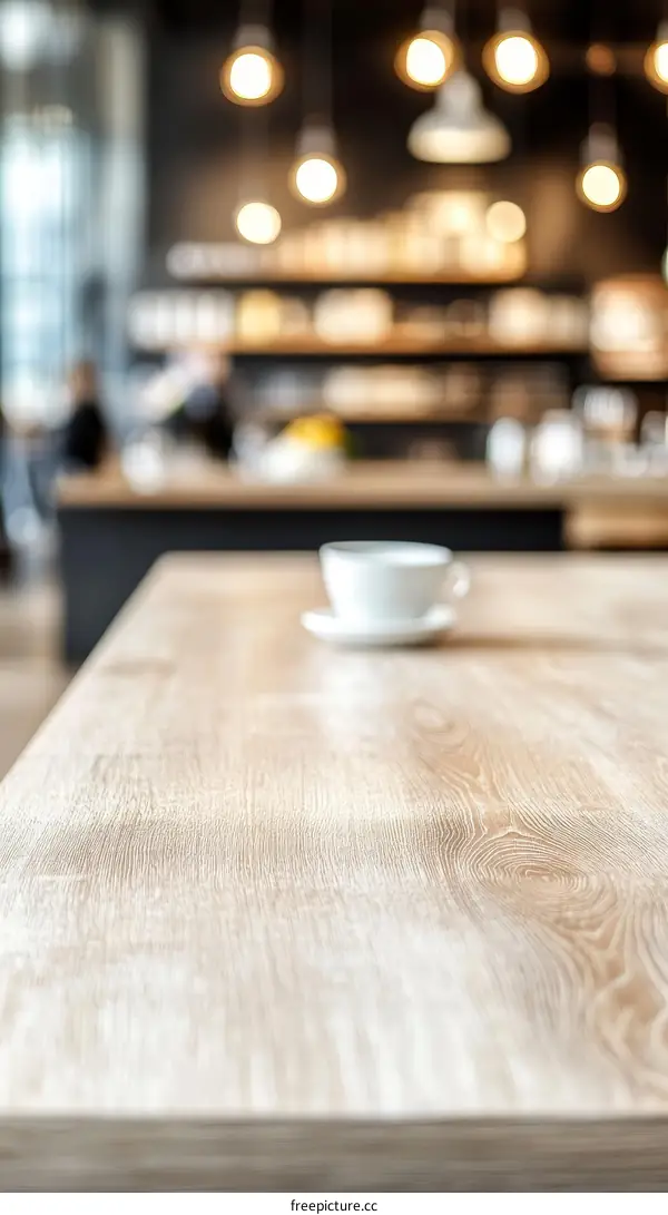 Blurred Cafe Interior with Wooden Table and Coffee Cup