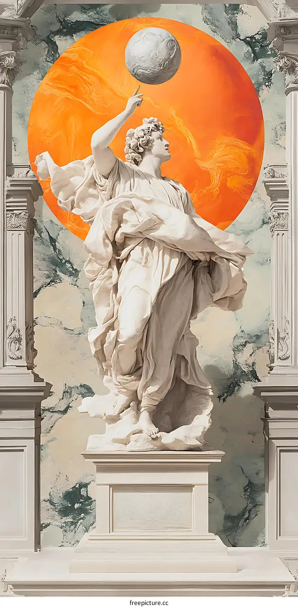 Classical Statue Holding Globe Against Orange Sky Background