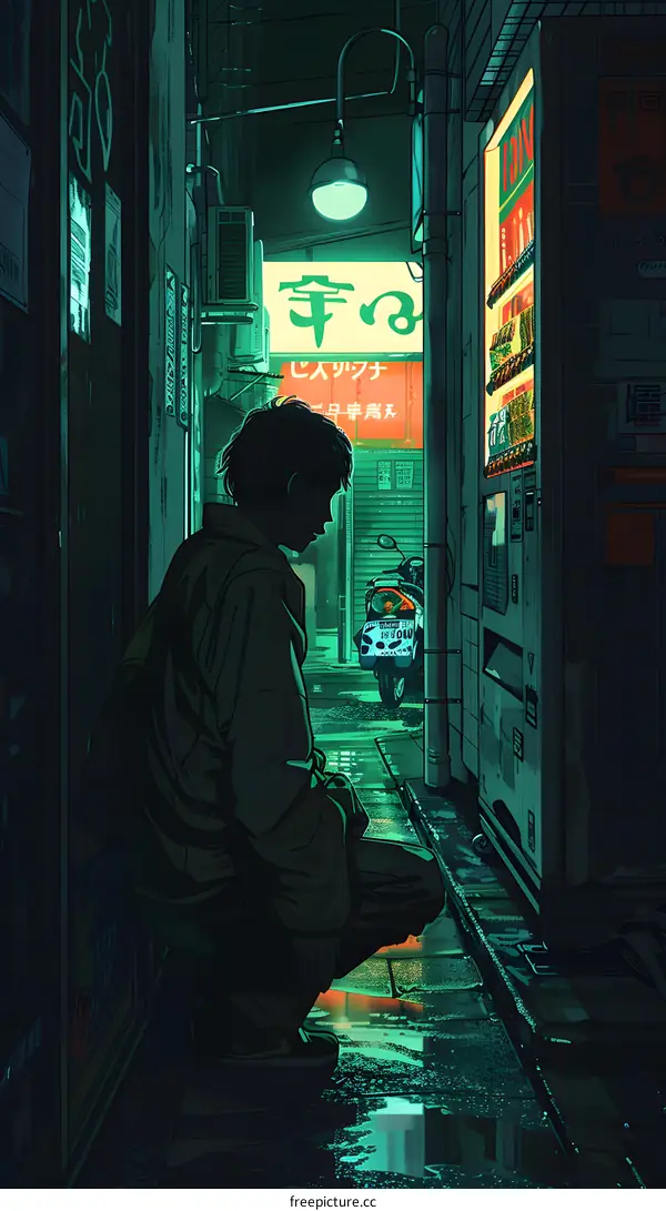 A lonely figure sits on the sidewalk in the rain, illuminated by a single street lamp. There is a vending machine in the background.