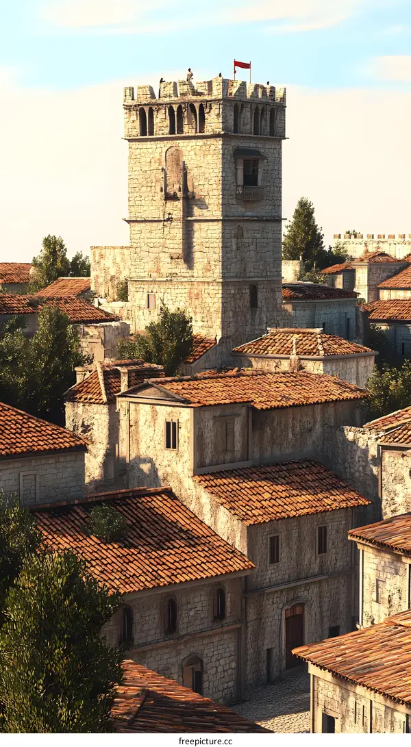 Medieval Cityscape with Tower and Red Rooftops