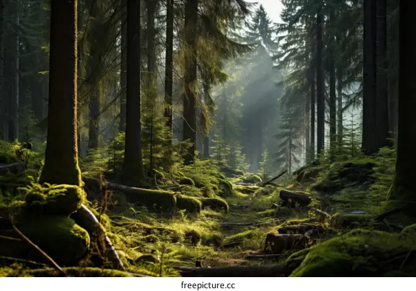 The sun shines through the misty forest