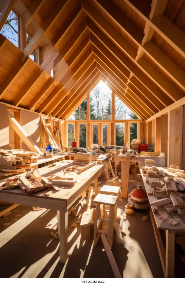 Carpentry workshop attic sunlight wooden tables and tools