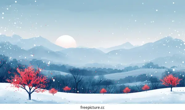 A winter landscape with snow covered mountains and red trees