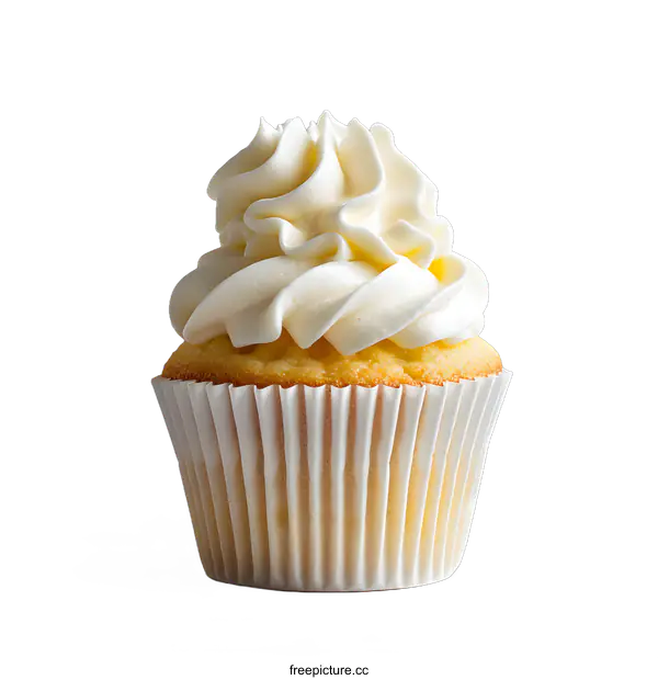 [Transparent Background PNG]? A cupcake with white frosting sits on a white background.