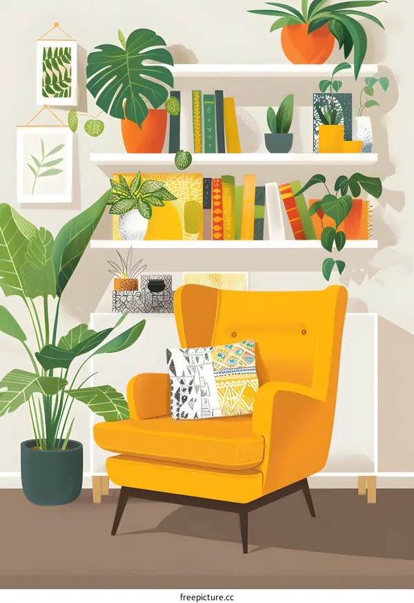 Yellow Armchair with Pillow in a Cozy Living Room with Bookshelves and Plants