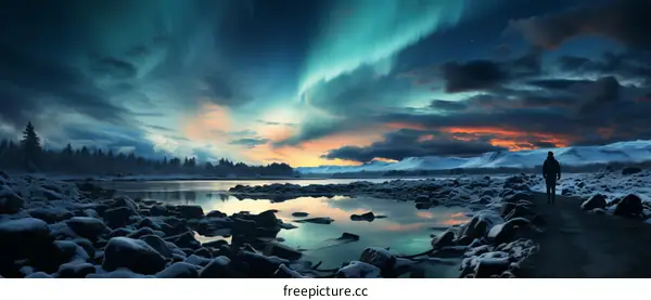 Aurora borealis landscape with a person walking along a lake