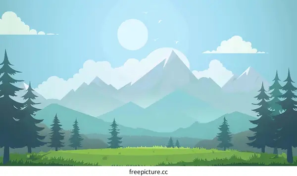Mountain Landscape Illustration with Green Grass and Trees
