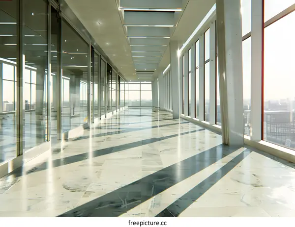 Modern Office Corridor with Large Windows and Sunlight