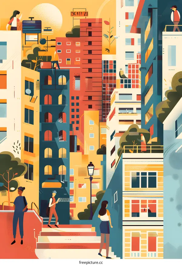 Colorful Illustration of People Walking in a City with Buildings