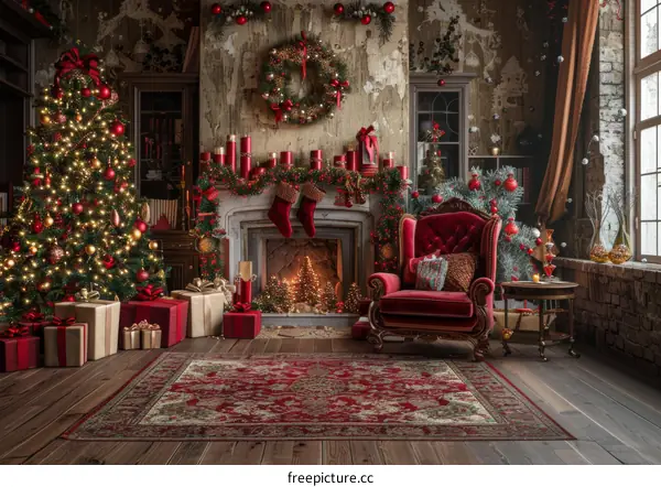 Cozy Christmas Living Room with Fireplace, Tree, and Armchair