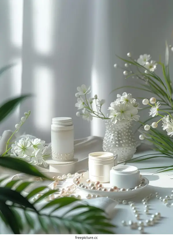 White flowers and skincare products