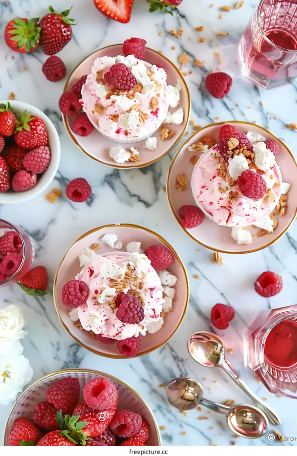 Pink Ice Cream with Raspberries and Meringue