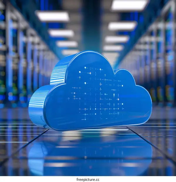Blue cloud computing illustration in server room