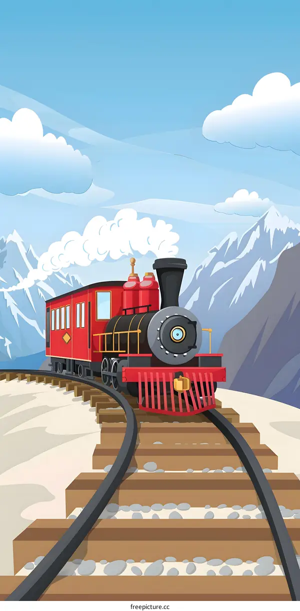 Red Steam Train In Mountains