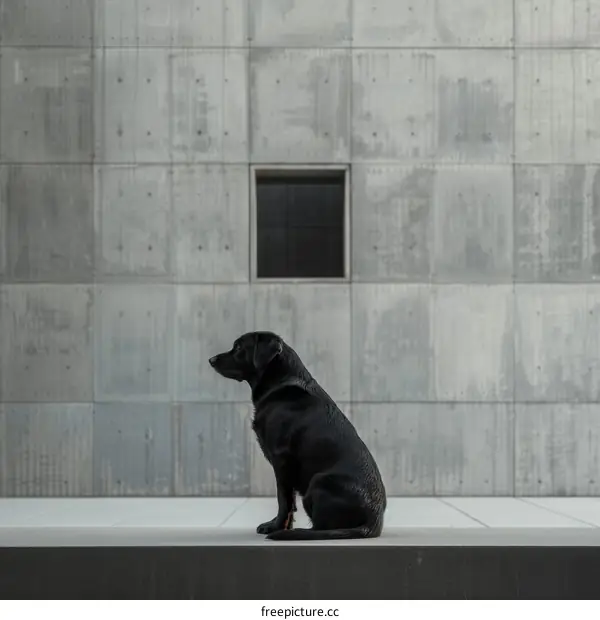Black Labrador Retriever Sitting in Front of a Concrete Wall with a Window