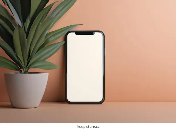 Mockup of Phone with Plant on a Peach Wall