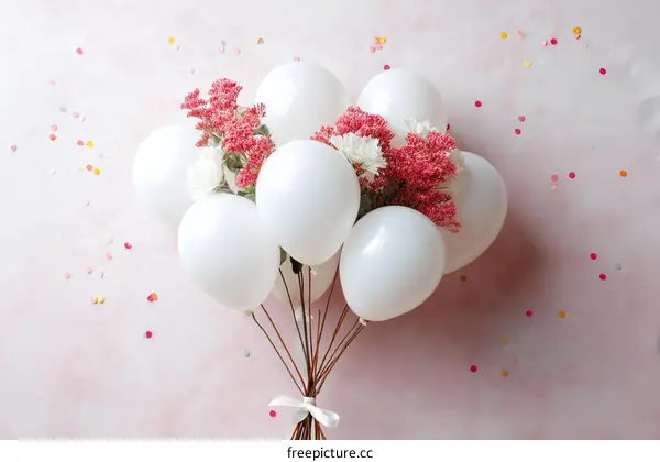 White Balloons with Pink Flowers and Confetti