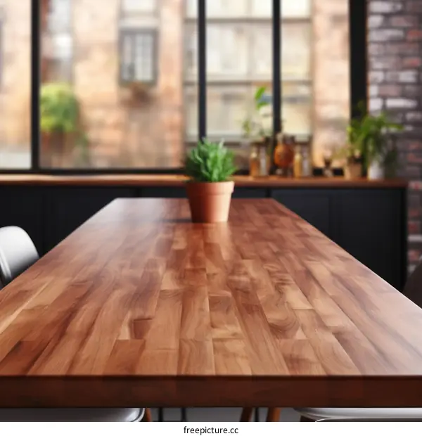 Empty Wooden Table in Modern Kitchen with Minimalist Design