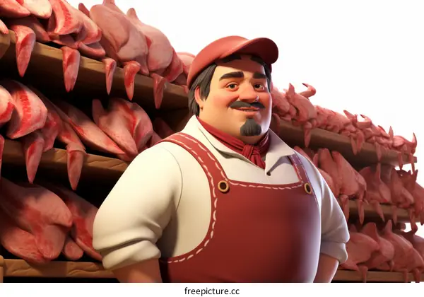 Butcher standing in front of a display of raw chicken