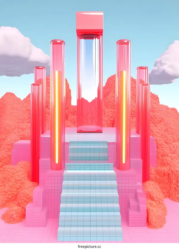 3D Illustration Of Pink And Blue Geometric Staircase With Glowing Neon Tubes