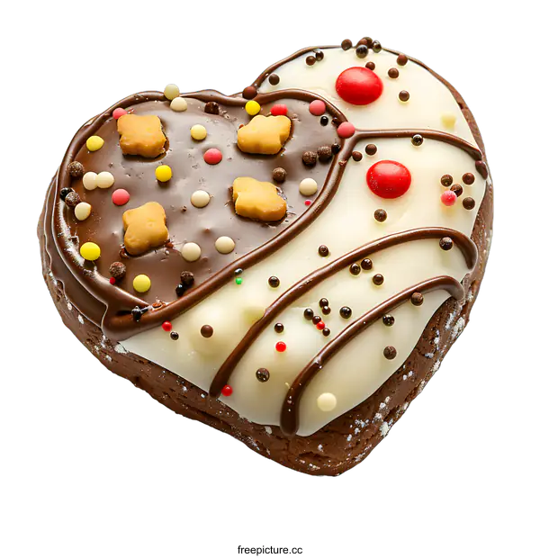 [Transparent Background PNG]A heart-shaped cookie with two colors of frosting and sprinkles.