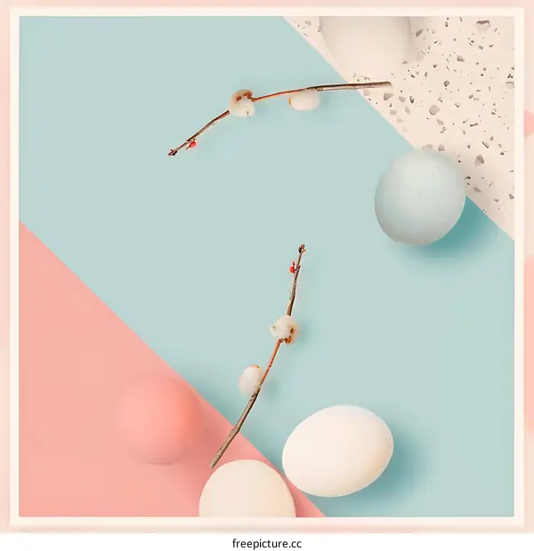 Easter Eggs and Willow Branches on Pastel Background