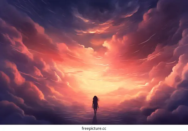 Girl Alone in a Surreal Sunset Sky