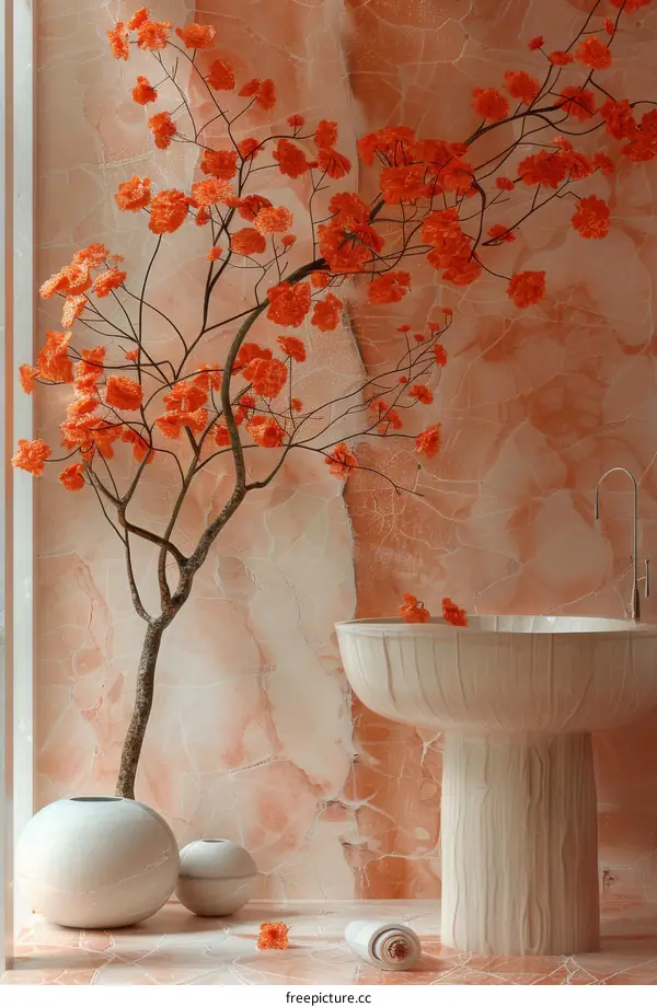 Artificial orange blossom flowers in a vase by the sink