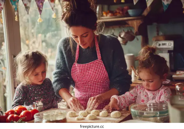 Mother and daughters cooking in the kitchen