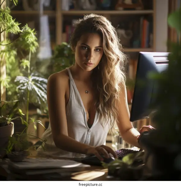 Young woman works on computer at home office desk surrounded by plants