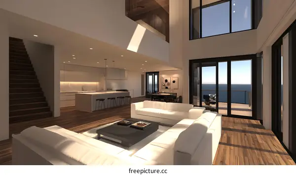 Modern Minimalist Living Room Interior Design with Ocean View