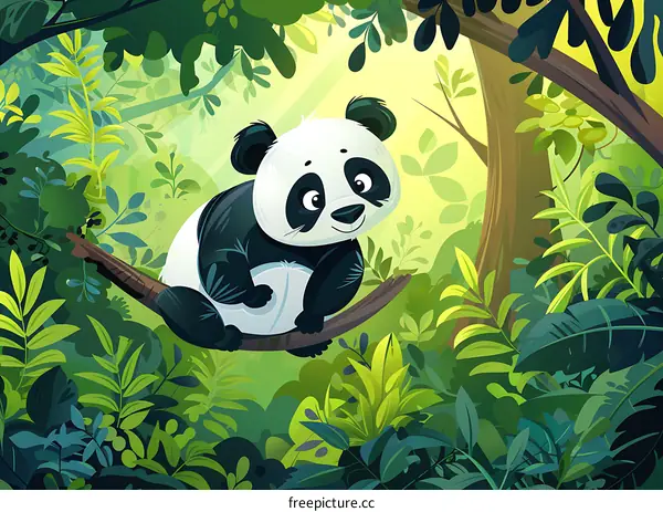 Cute Panda Sitting on a Branch in the Jungle