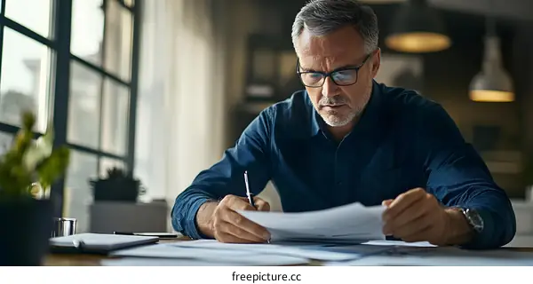 Focused Caucasian Man Working on Documents in an Office