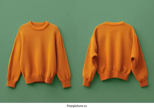 Front and back of an orange sweater on a green background