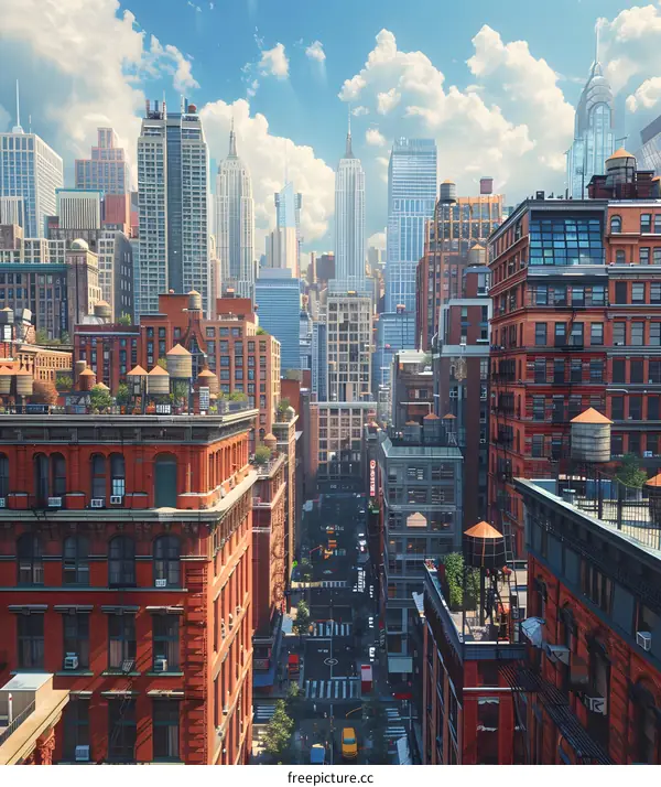 A cityscape of tall buildings with a blue sky and white clouds in the background